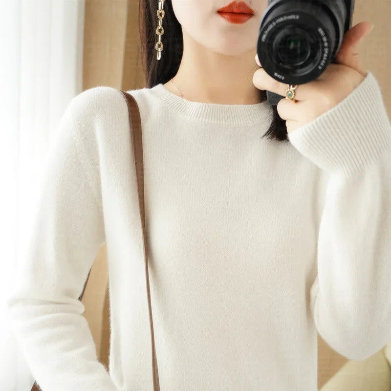 سترة كشمير خريفية شتوية نسائية بياقة دائرية، بلوزة محبوكة كاجوال، 18 لونًا