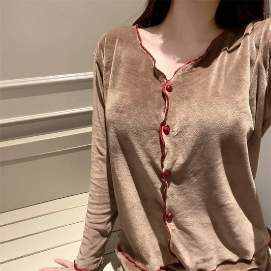 Women's V-Neck Flared Cardigan Pajama Set | Chest Pad & Fleece Pants Winter Plus Size Sleepwear