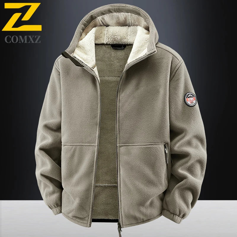 COMXZ Plus Size Hooded Jacket – Thickened Warm Fleece Travel Coat for Autumn Winter Camping
