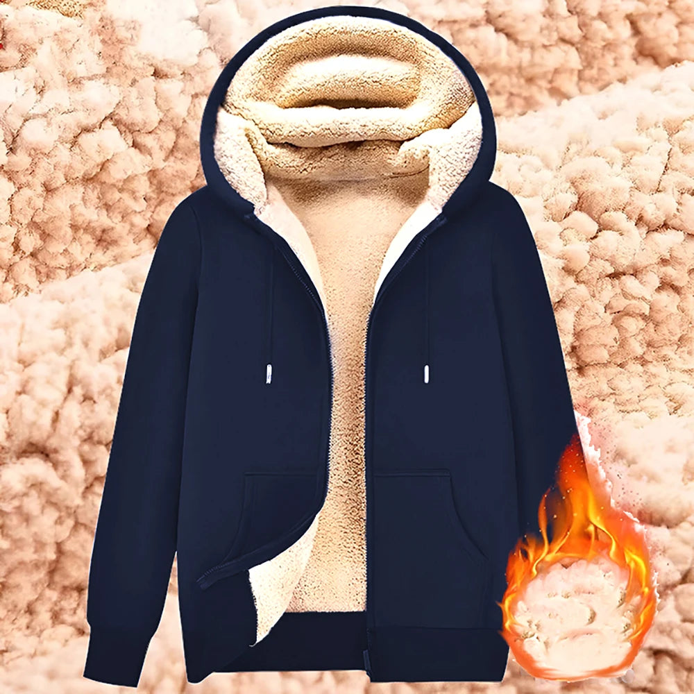 Unisex Trendy Lamb Wool Jacket – Warm Zipper Hoodie with Front Pockets, Plush Lined Winter Coat