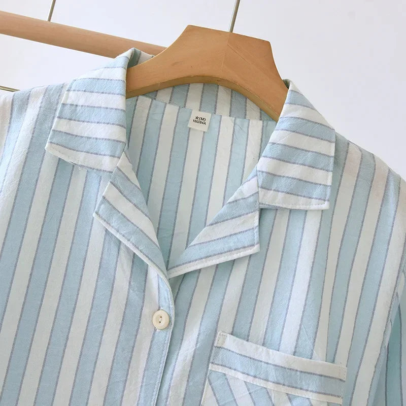 2025 Japanese Women's Striped Pajama Set | 100% Cotton Long Sleeve Two-Piece Sleepwear for Spring & Summer