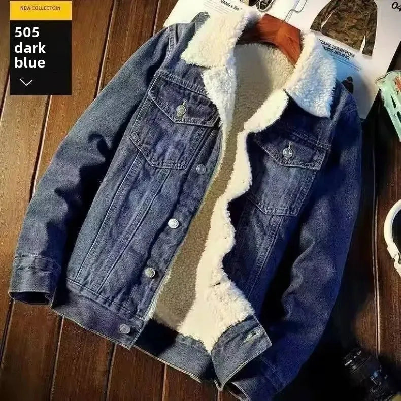 Men’s Vintage Denim Jacket – Loose-Fit Cotton Coat with Fleece Lining for Autumn/Winter