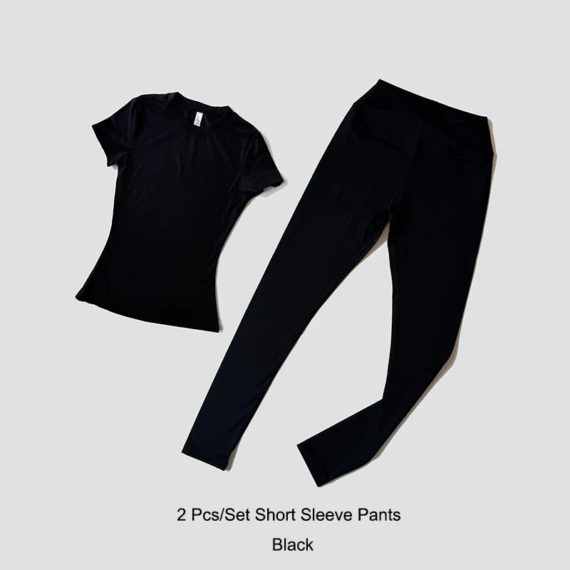 Quick-Drying Gym Leggings Set – Breathable Stretchy Slim Fitness Sport Suit with Short Sleeve Active Top