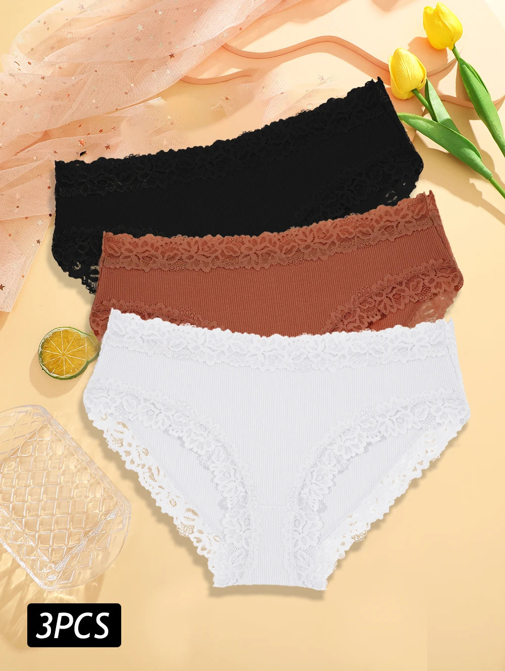 3PCS Set Women's Sexy Lace Cotton Low Rise Panties Floral Seamless Soft Breathable Underwear S-XL