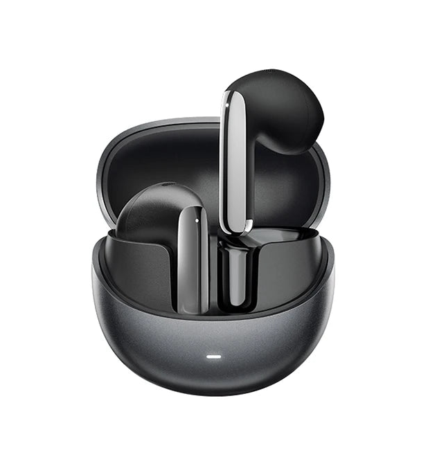 Black wireless earbuds in a charging case with promotional text on a pink background