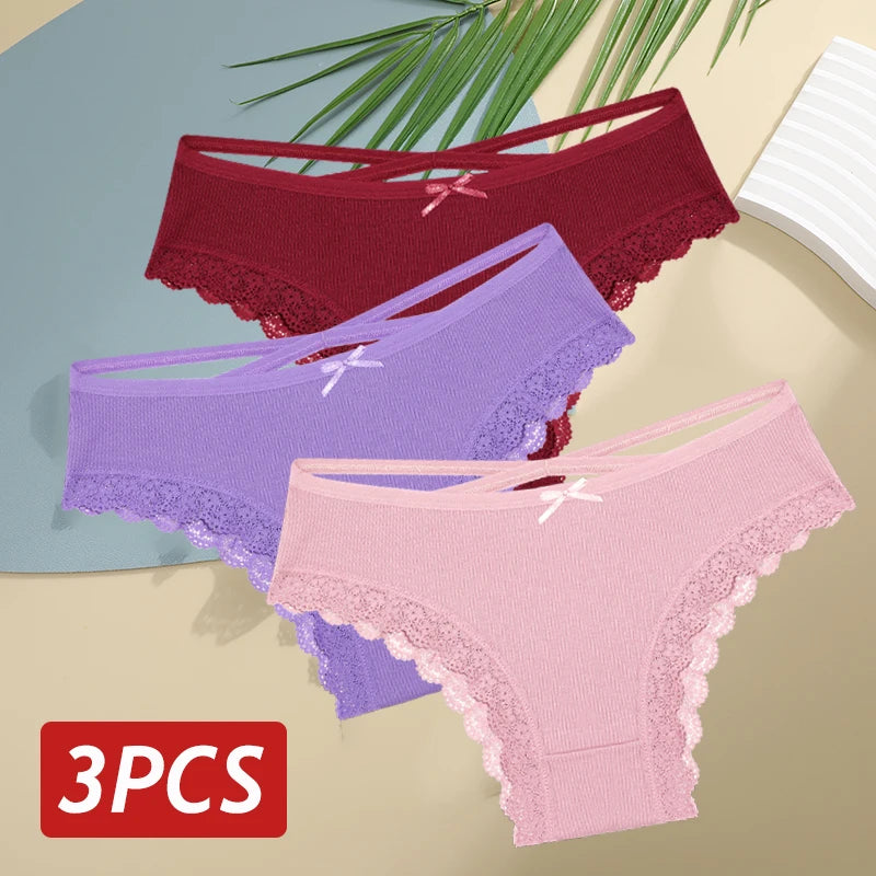 3PCS Women's Cotton Panties Set – Sexy Low Rise Lace Brazilian, Hollow Out Soft Breathable Lingerie S-XL