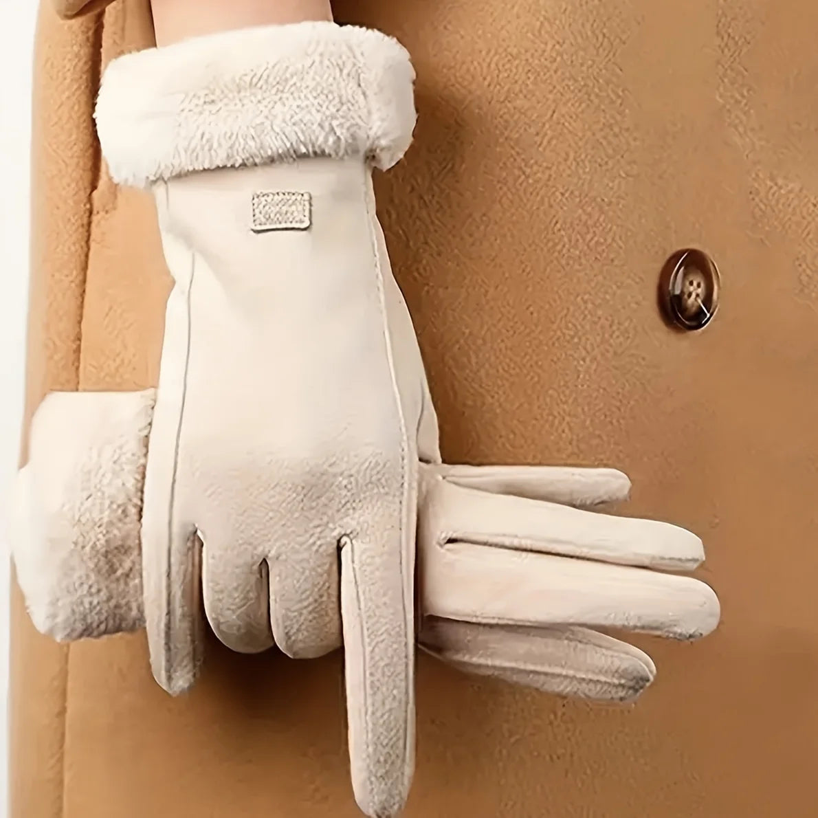 Beige Touchscreen Winter Gloves – Thick Plush-Lined Warm Outdoor Leisure Gloves for Comfortable Cold-Weather Protection