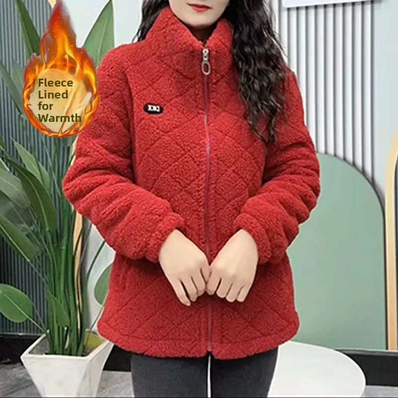 Thickened Fleece Women's Jacket Winter Warm Mid-Length Zipper A-Line Stylish Commute Coat