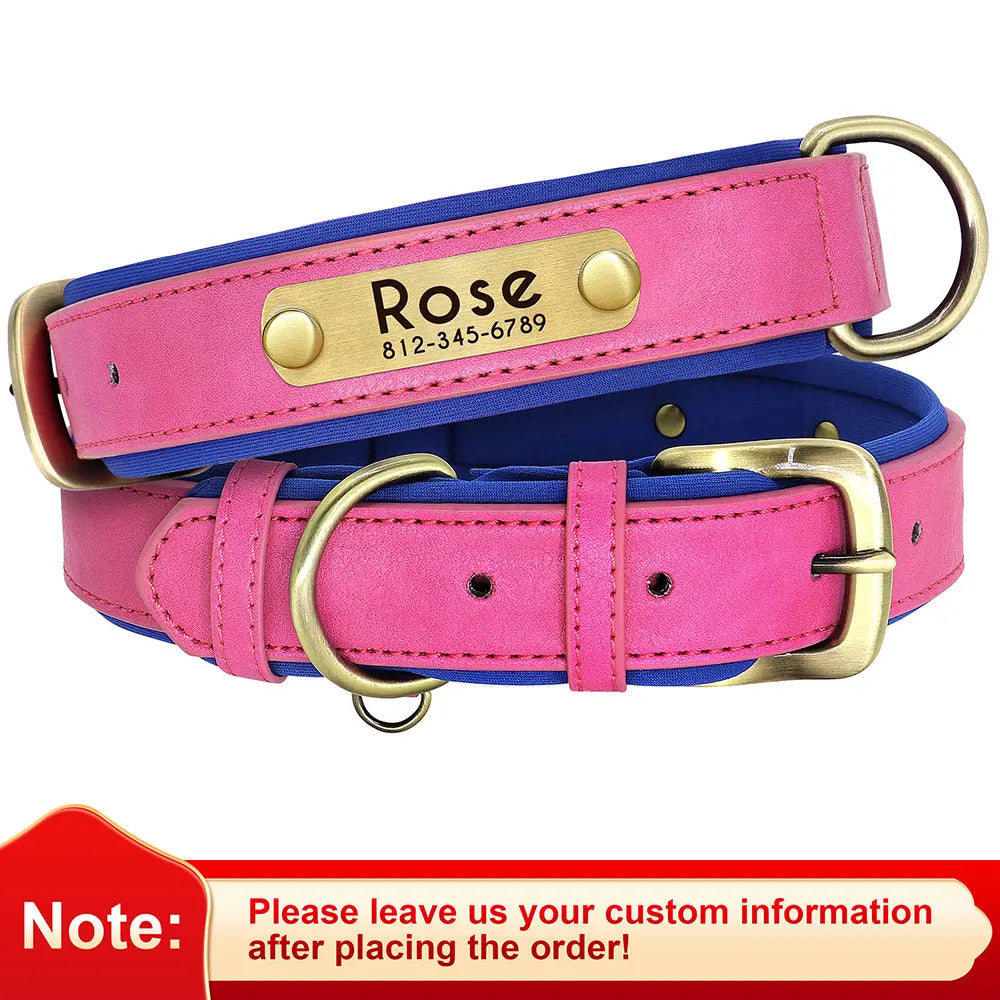 Custom PU Leather Dog Collar – Soft Padded with Engraved Nameplate, Adjustable for Small, Medium & Large Dogs