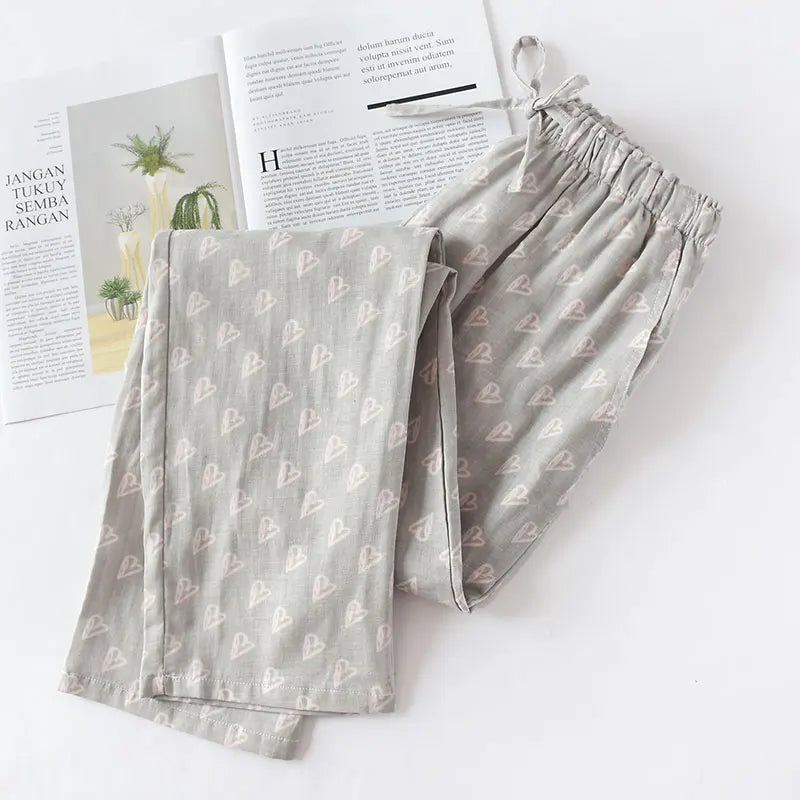 Spring & Summer Women's Cotton Sleep Pants | Couples Homewear | Thin Double Gauze Casual Printed Pajama Bottoms