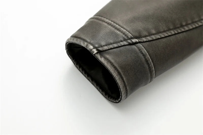 2025 Women's Washed Coal Gray Leather Jacket with Belt Short Vintage Lapel Coat and Downgraded Zipper