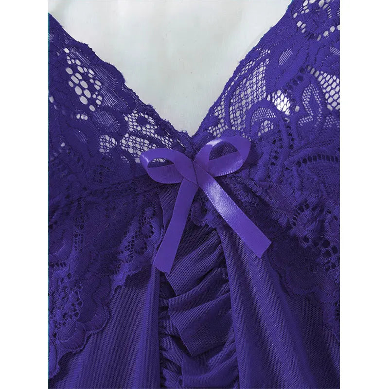 Summer Women's Sexy Sleepwear Set | Lace Sheer Backless V-Neck Nightdress with Thong | Soft Solid Color Pajamas