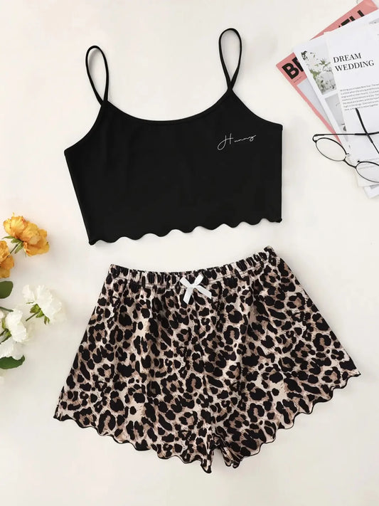 Women’s Pajamas Set – Sexy Leopard Print Lingerie Sleepwear, V-Neck Sleeveless Top & Shorts Homewear