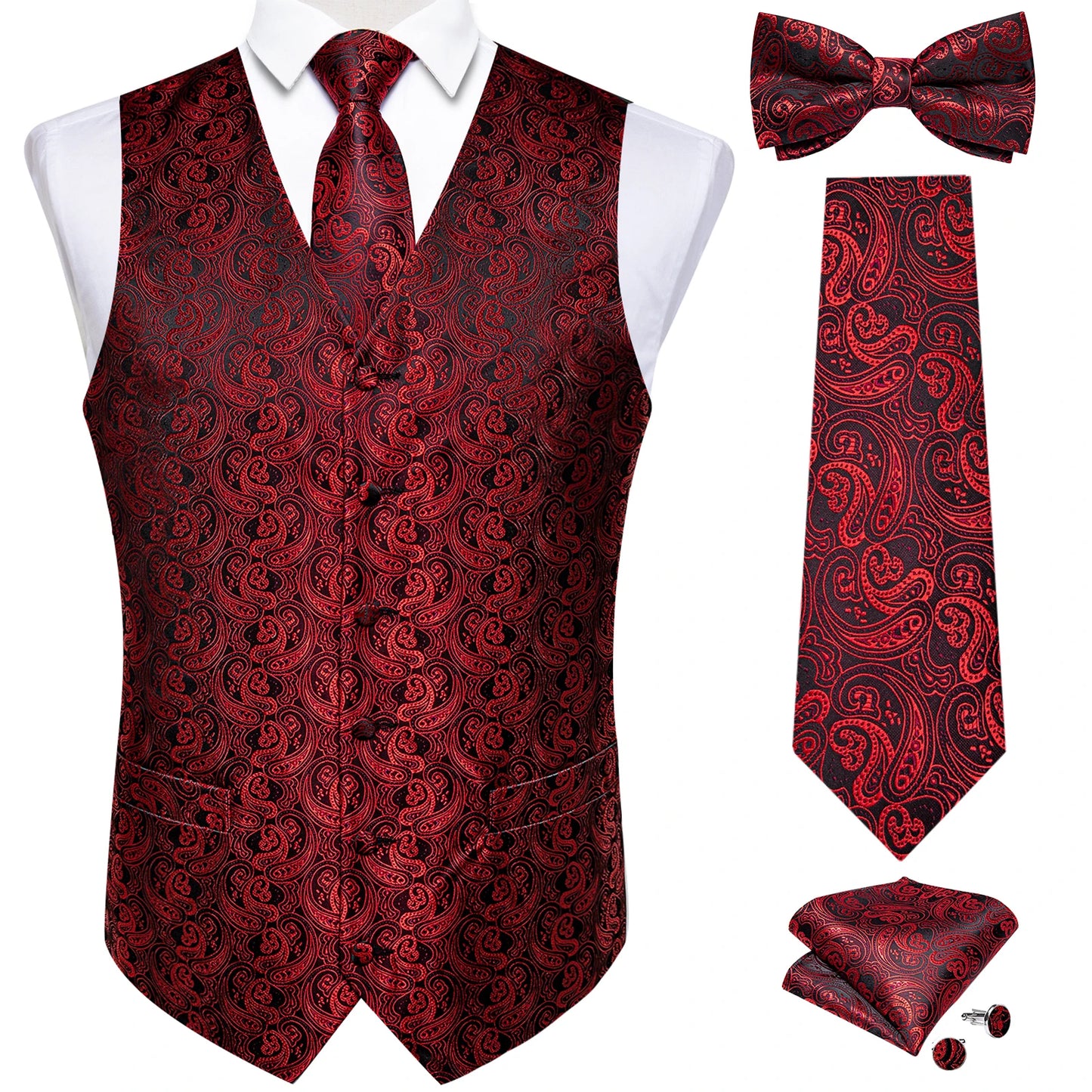 Men's Black Paisley Suit Vest with Necktie & Accessories – Formal Waistcoat for Wedding & Prom