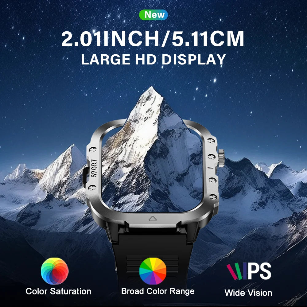 ساعة LAXASFIT الذكية للرياضة الخارجية | شاشة عالية الدقة 2.01 بوصة، مصباح يدوي LED، اتصال بلوتوث، ساعة ذكية لتتبع اللياقة البدنية للرجال والنساء