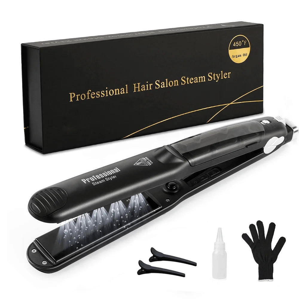 Professional Steam Hair Straightener • Ceramic Vapor Flat Iron 450℉ • Argan Oil Infused Hair Care Styling Tool