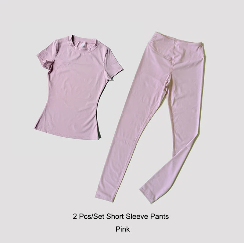 Quick-Drying Gym Leggings Set – Breathable Stretchy Slim Fitness Sport Suit with Short Sleeve Active Top