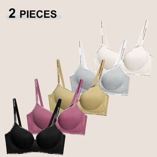 2Pcs Women’s Seamless Bra Set Solid Color Wireless Push Up Deep V Neck Letter Strap Underwear