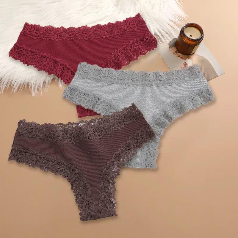 3PCS Women Cotton Lace Panties – Floral Patchwork Soft Briefs, Trendy Intimate Underwear Lingerie S-XL