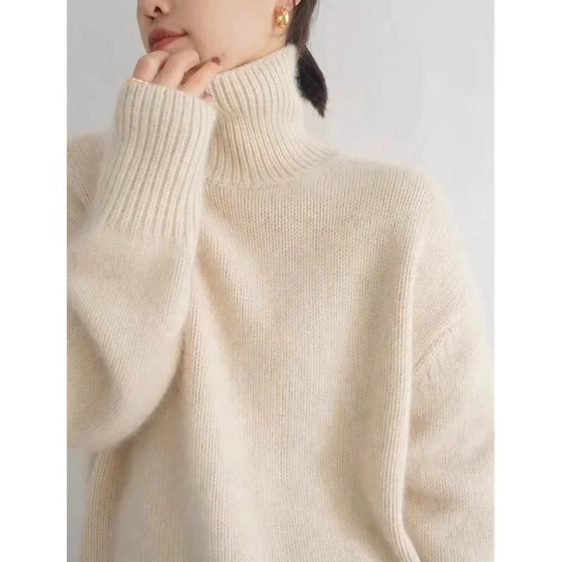 Autumn Winter Women’s Cashmere Sweater – Thick Warm High Neck Knitted Pullover | Loose Fit Base Sweater Top
