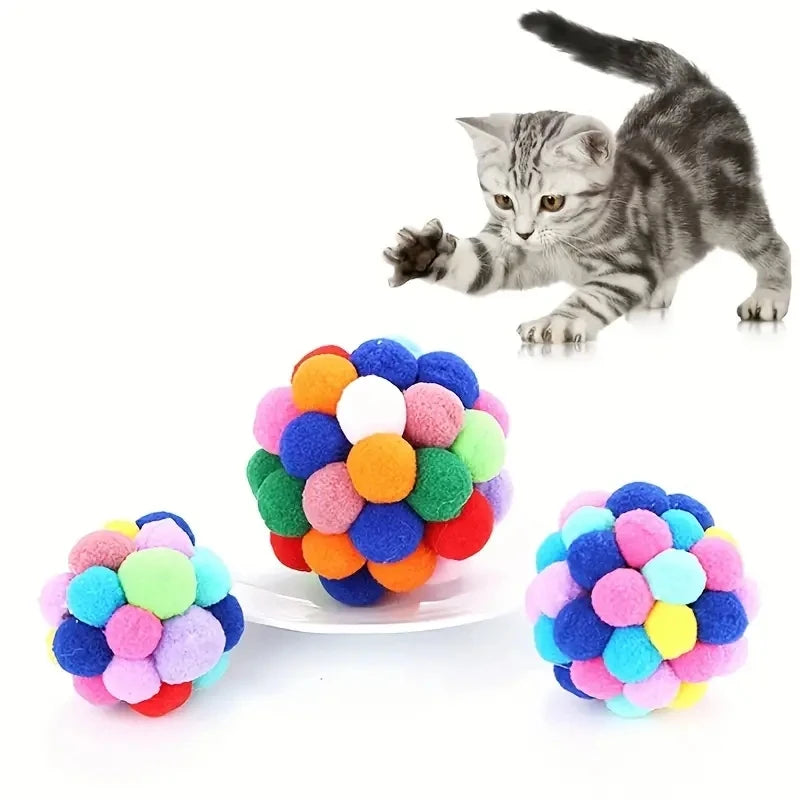 1 or 3PCS Colorful Plush Cat Balls – Elastic Bell Woolen Toys for Interactive Play