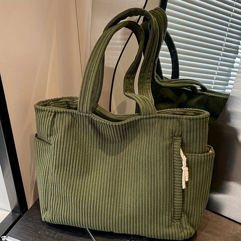 Women’s Corduroy Handbag • Large Capacity Shoulder Bag with Zipper • Casual Solid Color Tote for Daily & Commuter Use
