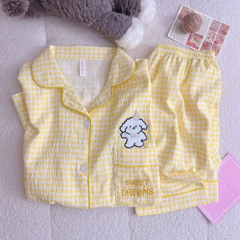 New Spring Women's Pajama Set | Cute Plaid Embroidered Dog Design Home Wear with Lapel Neck