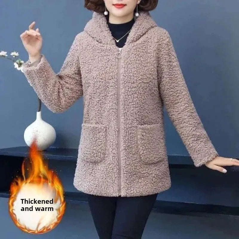 Thickened Hooded Cotton Jacket Women's Warm Winter Fleece-Lined Mommy Style Outerwear