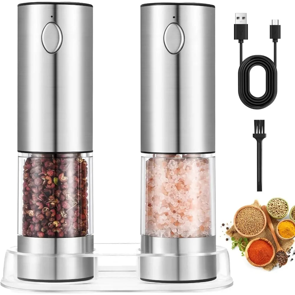 Electric Salt and Pepper Grinder Set USB Rechargeable Adjustable Coarseness LED