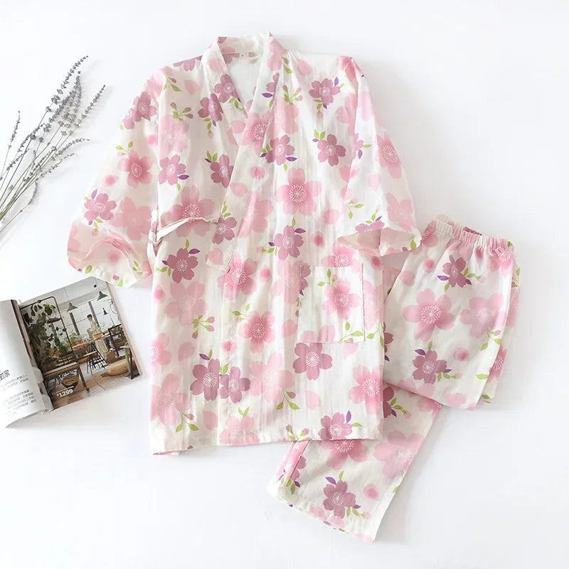 2025 Japanese Style Women's Kimono Pajama Set | 100% Cotton Gauze Seven Sleeve Two-Piece | Cute Spring & Autumn Homewear