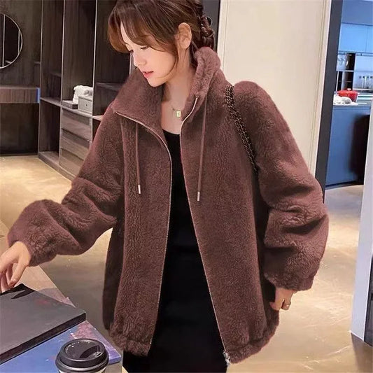 Winter Warm Double Coral Fleece Coat Women Stand Collar Plush Thick Loose Casual Long Sleeve Zipper Overcoat