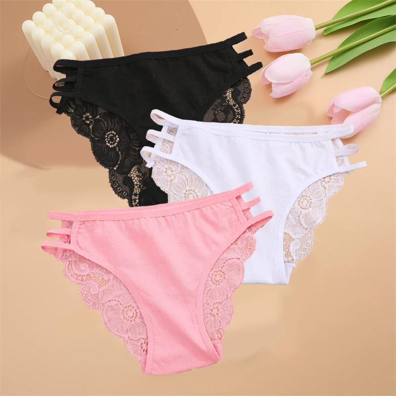 FINETOO 3PCS Women's Lace Floral Low-Waist Triple Belt Panties Soft Sexy Lingerie Underwear
