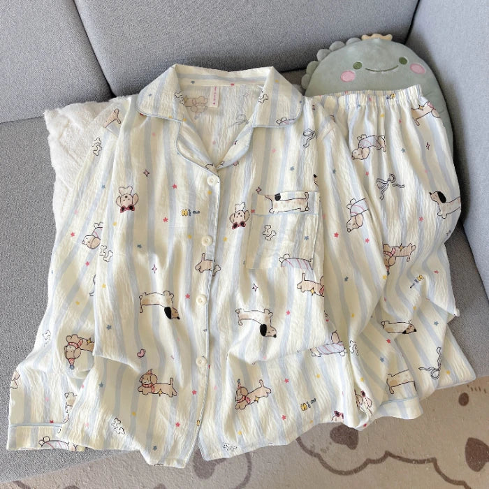 Autumn Women's Plaid Pajama Set | Korean Style Embroidered Dog 2-Piece Soft Vintage Sleepwear