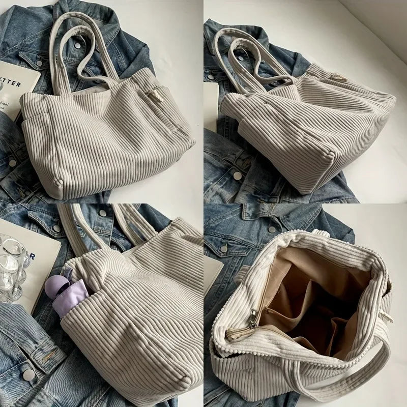 Women’s Corduroy Handbag • Large Capacity Shoulder Bag with Zipper • Casual Solid Color Tote for Daily & Commuter Use