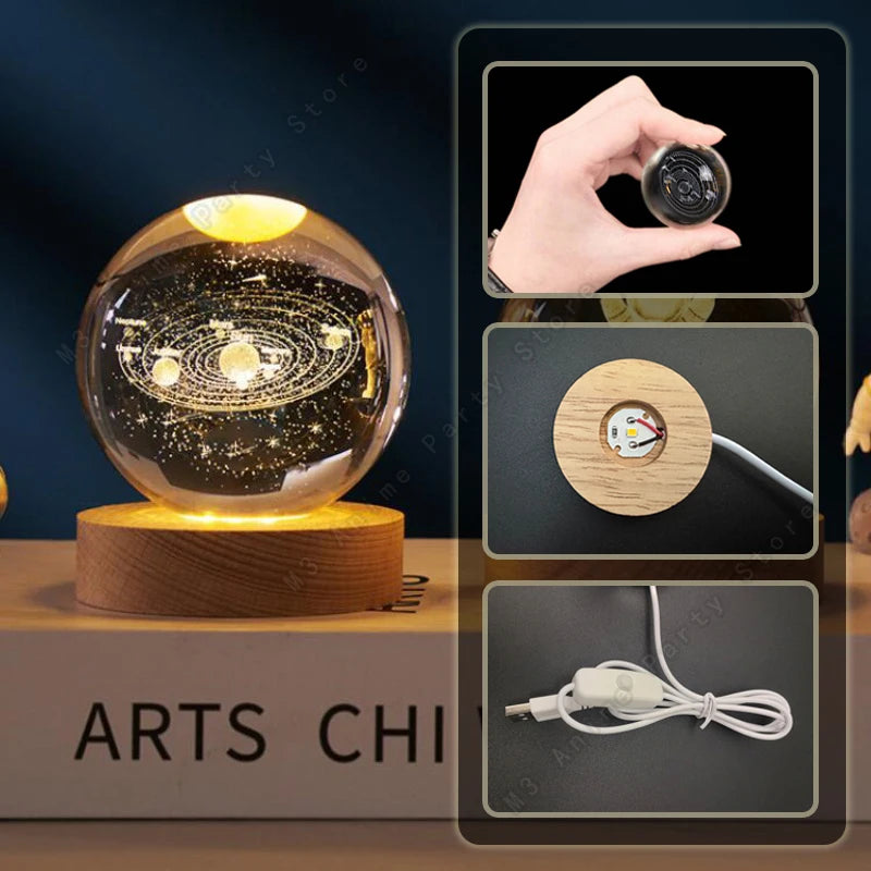 مصباح LED ليلي ثلاثي الأبعاد على شكل كرة بلورية - مصباح بجانب السرير متوهج على شكل مجرة ​​وزحل وقمر، هدية عيد ميلاد للأطفال بقطر 5 سم
