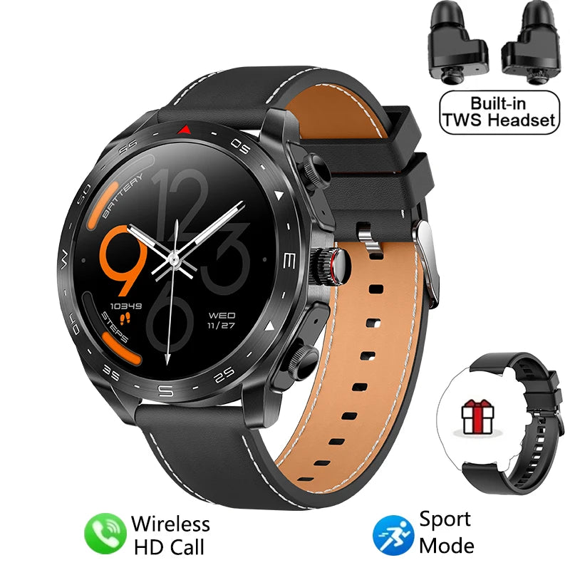 Smartwatch with brown leather strap and built-in TWS headset on a white background