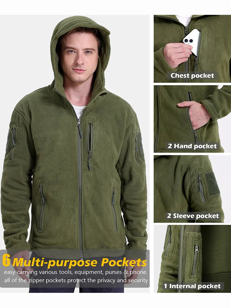 Men’s Tactical Fleece Jacket – Winter Warm Full-Zip Military Hoodie with Multi-Pockets for Hiking & Hunting