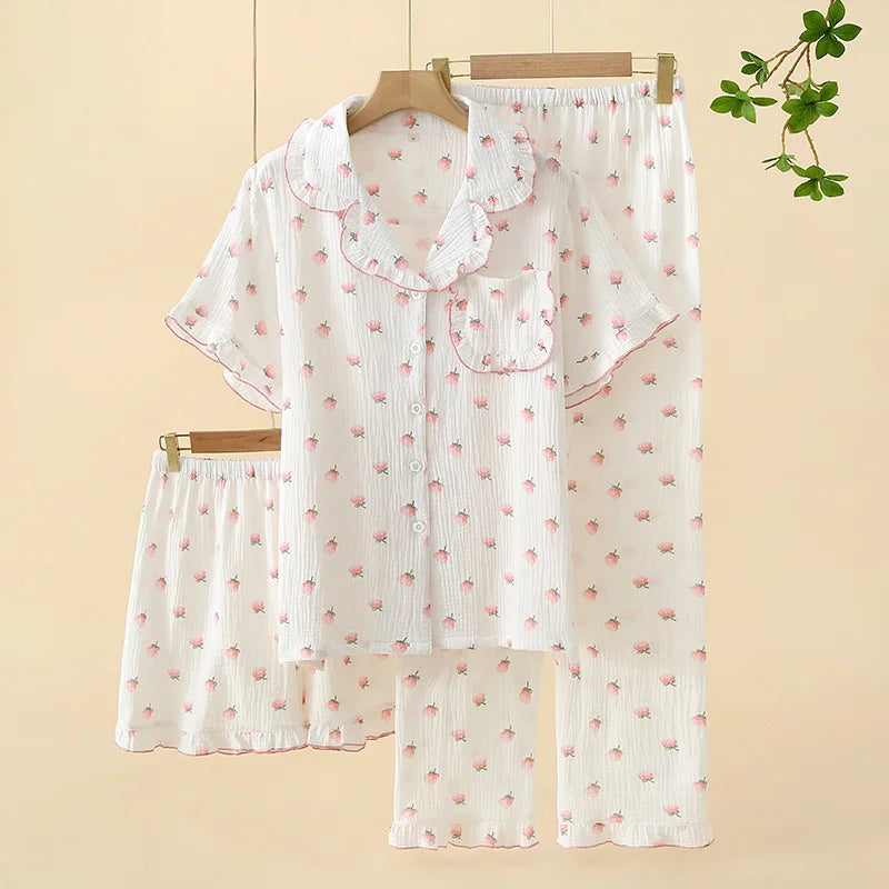 Summer Women's Pajama Set | 3-Piece 100% Gauze Cotton Sleepwear with Short Sleeve Top, Long Pants & Shorts