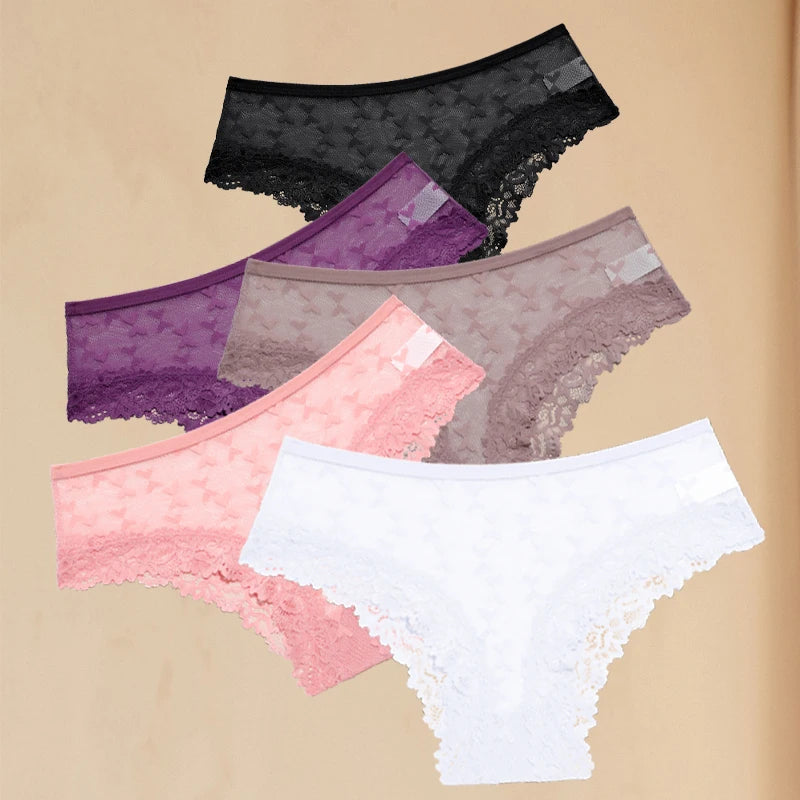 FINETOO 5PCS Women's Lace Hollow Out Panties Sexy Floral Solid Color Underwear Lingerie S-XL