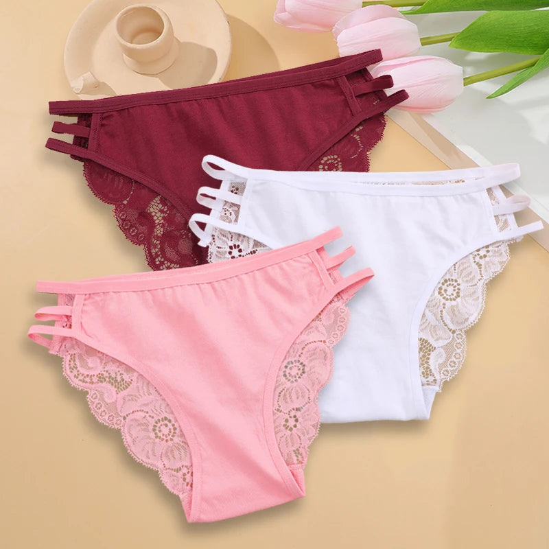 3PC Set Women's Sexy Lace Low Rise Hollow Out Floral Panties Transparent Soft Elastic Lingerie