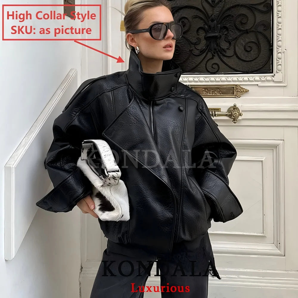 KONDALA Casual Chic Black Faux Leather Jacket Women Long Sleeve Button Oversized Coat 2025 Fall Streetwear
