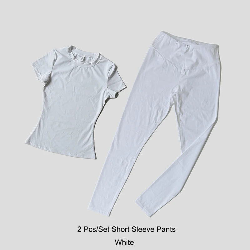 Quick-Drying Gym Leggings Set – Breathable Stretchy Slim Fitness Sport Suit with Short Sleeve Active Top