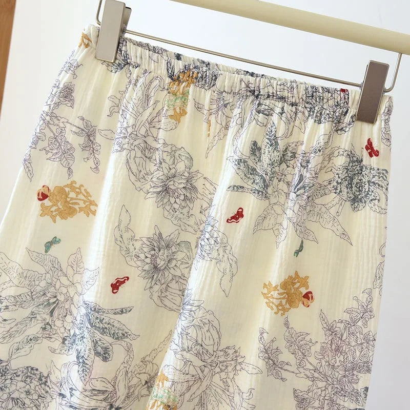 100% Cotton Gauze Women's Pajama Set | Ink Painting Print 2-Piece Sleepwear | Comfortable Nightwear & Home Loungewear