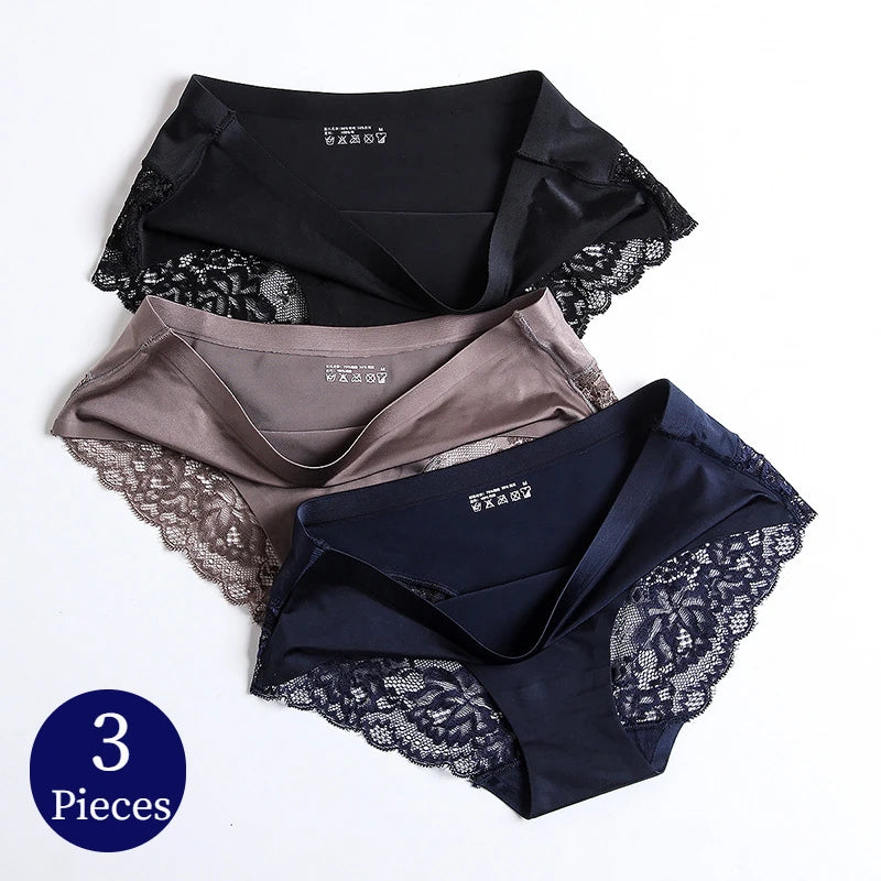 TrowBridge 3PCS Women's Lace Panties Set - Sexy Silk Satin Lingerie Big Size Soft Cozy Underwear Briefs