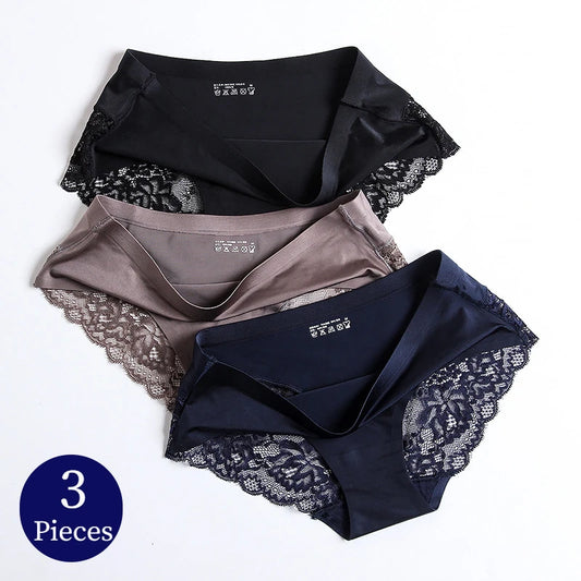 TrowBridge 3PCS Women's Lace Panties Set - Sexy Silk Satin Lingerie Big Size Soft Cozy Underwear Briefs