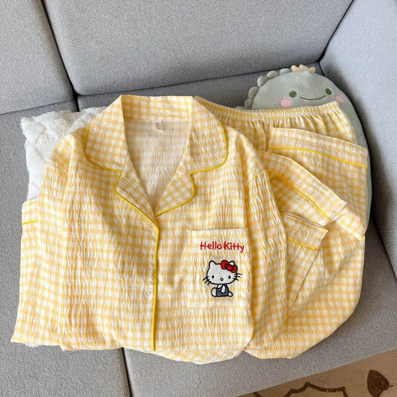 Autumn Women's Hello Kitty Pajama Set | Harajuku Style Plaid 2-Piece Cute Cartoon Sleepwear