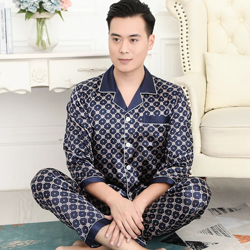Men's High Quality Pajama Set | Spring & Autumn Thin Ice Silk Polyester Sleepwear | Long Sleeve Plus Size Summer Homewear