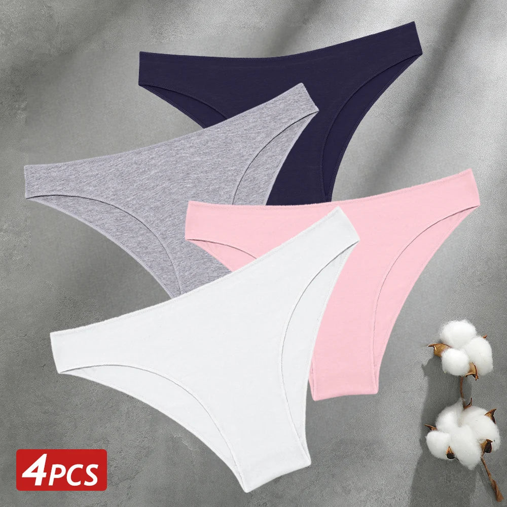 4PCS Seamless Cotton Panties Women Solid Color Low Waist Breathable Stretch Underwear