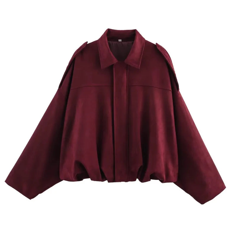 ETJ 2025 Spring Women's Suede-Texture Loose Lapel Shoulder Bomber Jacket