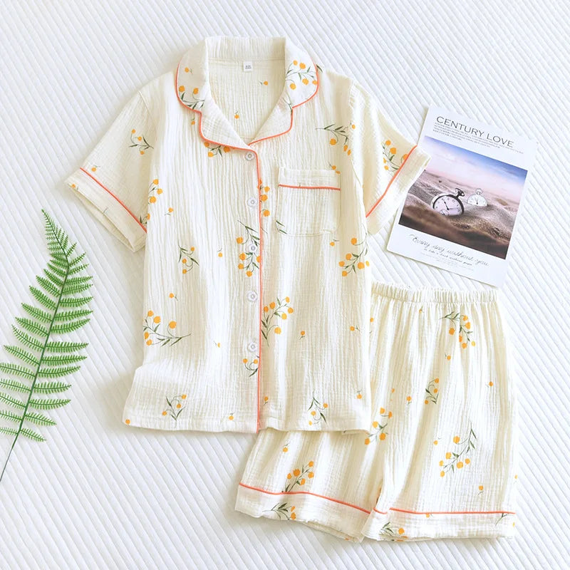 New Summer Women's Cotton Pajama Set | 3-Piece Short Sleeve, Shorts & Trousers Floral Sleepwear Large Size